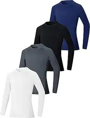 [EXARUS] 4 Pack Youth Boys Compression Long Sleeve Shirts Basketball Athletic Base Layer Sports Undershirts for Soccer 6-12Y