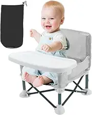 Foldable Toddler Booster Seat for Dining Table Portable Baby Floor Seat with Safety Belt Rear Storage Pocket Travel Booster Chair with Removable Feeding Tray for Outdoor Use(Grey)