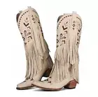 9 BEIGE FOX LEATHER FRINGE COWGIRL Boots WESTERN Embroidery Mid Calf BLOCK HEEL