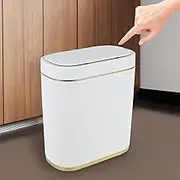 GOKENA Automatic Trash Can with Lid, Motion Sensor Garbage Can, Smart Bathroom Trash Bin with Lid, Plastic Waterproof Motion Sensor Rubbish Bin for Bedroom, Living Room, Kitchen, Office(White+Gold)