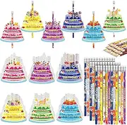 Panelee 72 Pcs Happy Birthday Pencils Greeting Cards Set Colorful Printed Pencils Bulk Birthday Certificates with Top Erasers Cutouts for Kids Party(Cake)