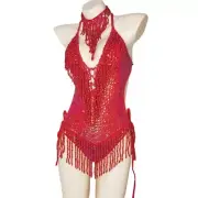 Shiny Costume Women Red Beading Sequin Tassel One-Piece Bodysuit Sexy Clubwear