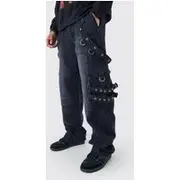 Mens Baggy Rigid Cargo Strap Jeans In Washed Black