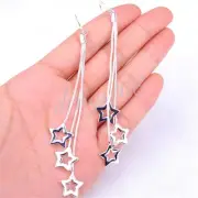 Classic 925 Sterling Silver 100mm Long Threader Star Tassels Dangle Earring N867