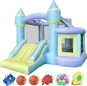 RETRO JUMP Bounce House,Inflatable Bounce House,Bouncy House with Blower,Bouncy Castle with Slide,Kids Bounce House with Jump Area,Ball Pit&Basketball Rim, Includes Balls,Storage Bag,Patch Kits,Stakes