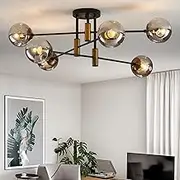 Anyuainiya 6-Light Glass Globe Modern Sputnik Chandelier, Matte Black and Gold Living Room Ceiling Light Fixture Vintage Hanging Chandeliers for Dining Room Living Room Bedroom Farmhouse