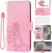 Asuwish Mobile Phone Case for Samsung Galaxy S24/S25 5G Case with Glass Film Screen Protector and Card Slot Foldable Leather Wallet Stand S 24 24S S24 Mobile Phone Case Pink