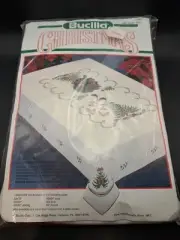 Bucilla Christmas Holiday Tree Stamped Cross Stitch Tablecloth 60x90 Oval NEW