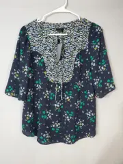 Ann Taylor Blouse Women's Size Petite Small PS Floral 3/4 Sleeve Front Tie