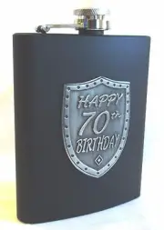 20091 70th BIRTHDAY BLACK 150ml HIP FLASK WITH SHIELD BADGE GIFT BOX SEVENTIETH