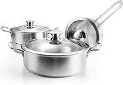 Stainless Steel Pot Set, 6 Piece Kitchen Induction Cookware Sets with Glass Lids, Stay Cool Handle, Works with Induction, Electric and Gas Cooktops, Oven Safe, Dishwasher Safe