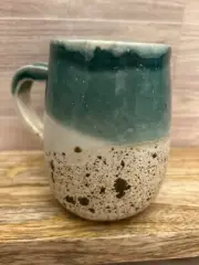 Studio Handcrafted Ceramic Teal and White Glazed Pottery MUG /Signed/ 14 ounce