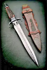 Handmade Damascus Steel with Deer antler Stag Handle Dagger Knife with Sheath
