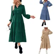 Womens Long Sleeve Button Down Shirt Dress Casual Tiered Flowy Swing Maxi Dress