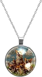 [Diusye] Necklaces for Women, Corgi Dogs on Daisy Field Print Stainless Steel Pendant Necklace Jewelry Birthday Anniversary Wife Girls Friends Gift