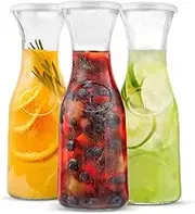 Kook Glass Carafe Pitchers, Beverage Dispensers, Clear Jugs for Mimosa Bar, Water, Wine, Milk and Juice, with Plastic Lids, Dishwasher Safe, 35 oz, Set of 3