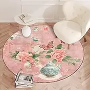 Circle Rugs 90 cm, Living Room Bedroom Washable Low Dense Pile Non Slip Circular Retro Traditional Floral Style, Pink,