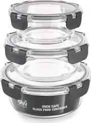 3x Stackable Glass Round Containers Food Meal Storage Different Sizes Lunch Box