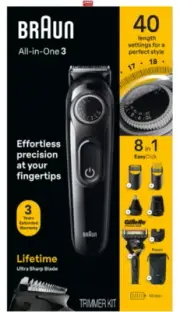 Braun All-in-One 3, 40 Length Settings 8-in-1 Lifetime Ultra Sharp Blade Trimmer