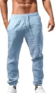 [Generic] Mens Cotton Linen Pants Elastic Waist Yoga Pants Lightweight Beach Holiday Pants with Pockets