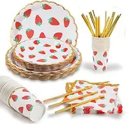 PULNDA Strawberry Disposable Tableware Set, 120 Pieces, Plastic and Paper