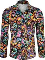 [Eunchaes] Men's 70s Disco Shirt Paisley 1970s Casual top Retro Floral Long Sleeved Button up Vintage Party Costumes Shirt
