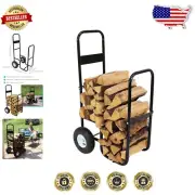 Portable Firewood Carrier Log Cart with 2 Pneumatic Wheels - Black Steel