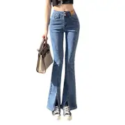 Nevenka Womens Split Elastic Jeans High Waist Slim Elegant Flare Leg Long Pants-Blue