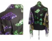Mardi Gras theme Sequined Shawl Purple Green Gold Fringe Oblong SCARF MASQUERADE