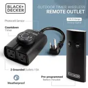 BLACK+DECKER Wireless Outdoor Timer Outlet with Remote, 2 Grounded Outlets, Phot
