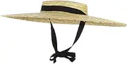 [Jelord] Women Vintage Wide Brim Boater Straw Hat Flat Top Floppy Derby Sun Hat Beach Straw Hats/Brim:17cm Beige, Beige