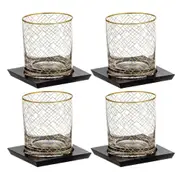 4x Tempa Winston 305ml Crystal Whisky Glass/Bamboo Coaster Drinkware Set Gold