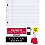 Five Star Reinforced Wide Ruled Filler Paper 8" x 10.5" 3-Hole Punched 80