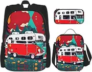 Happy Camper Red Backpack With Lunch Box And Pencil Case 3 In,Kawaii Backpacks With Lunch Bag Matching Combo
