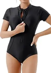 [KEOYA] Women One Piece Swimsuits Fashion Long/Short Sleeve Zip Front Rash Guard Swimwear Quick Dry Bathing Suits Athletic Surfing Clothes S-XXL