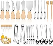 LifeMusican Charcuterie Accessories Wooden Cheese Spreader Knive Set, Wood Handle Butter Knives For Cheese Board Kit, Mini Cheese Knife Slicer With Tongs, Spoons, Forks, Honey Dipper (23 Pack)