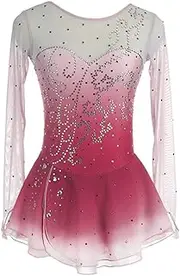 [LIUHUO] Figure Skating Dress Mesh Skirt Girls Round Neck Long Sleeve Gradient Multi-Color Competition Performance