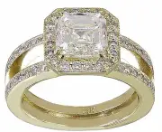 14k Solid Yellow Gold Asscher Moissanite Engagement Ring Halo Prong Set 2.90ctw