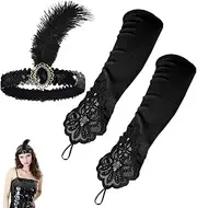 [HAYGEM] Women's Middle Finger Hook Finger Sexy Long Gloves Black with Black Feather Sequin Headband Fingerless Silk Gloves for Parties, Weddings and Dinners, black, Medium