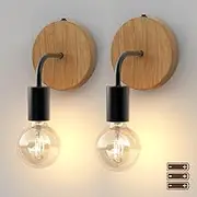 HYMELA N07 AA Battery Operated Lights Set of 2 Farmhouse Wall Sconces Easy to Install Cordless Wall Lights Fixtures Imitation Wooden Metal Base Wall Lamps for Living Room Hallway Kitchen Bedroom