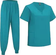 ThreeH Women's Medical Scrub Set V-Neck Short Sleeve Shirt with 3 Pockets and Cargo Pants for Beauty Salon, Blue sea, M