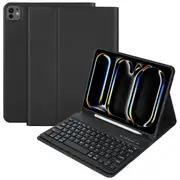 For Apple ipad Pro 11 2024 With Pencil Holder Wireless Bluetooth Keyboard Case Leather Smart Cover (Black)