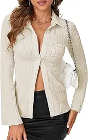 [LYANER] Women's Rib Knit Collar V Neck Button Front Bell Long Sleeve Blouse Shirt Top