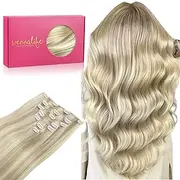 Clip in Hair Extensions, 35cm 14 Inch 120g 7pcs Ash Blonde Highlighted Platinum Blonde Hair Extensions Clip in Human Hair Remy Clip in Hair Extensions Real Human Hair Double Weft