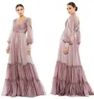 Mac Duggal Size 16 Faux Wrap Illusion Bishop Sleeve Tiered Mocha 678641 Dress