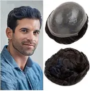 Mens Wig Hair Blue Highlighted Human Hair 0.06-0.08MM Full Skin Base with Double Knotted Male Hair Prosthesis Mens Toupee(7x9)