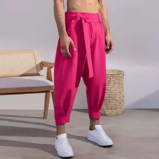 Men Pants Solid Color Joggers Baggy Lace Up Casual Trouses