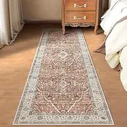 Runner Rug Indoor Door Mat-Deerly Vintage Floral Medallion Boho Oriental Non-Slip Low Pile Machine Washable Runner Soft Rug for Hallways Bathroom Carpet Laundry Room Bedroom Stair(Brickred,2x7ft)