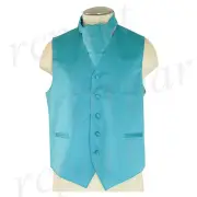 New Men's Formal Tuxedo Vest Waistcoat & Ascot cravat aqua blue Prom wedding