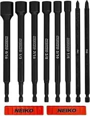 [Neiko] 10067A Magnetic Impact Nut Driver and Power Bit Tool Set | 8 Pieces, SAE | 6 Inches | Shank Nut Driver Bits Setters | Magnetic Tip Sockets | 1/4 Inch Hex Shank